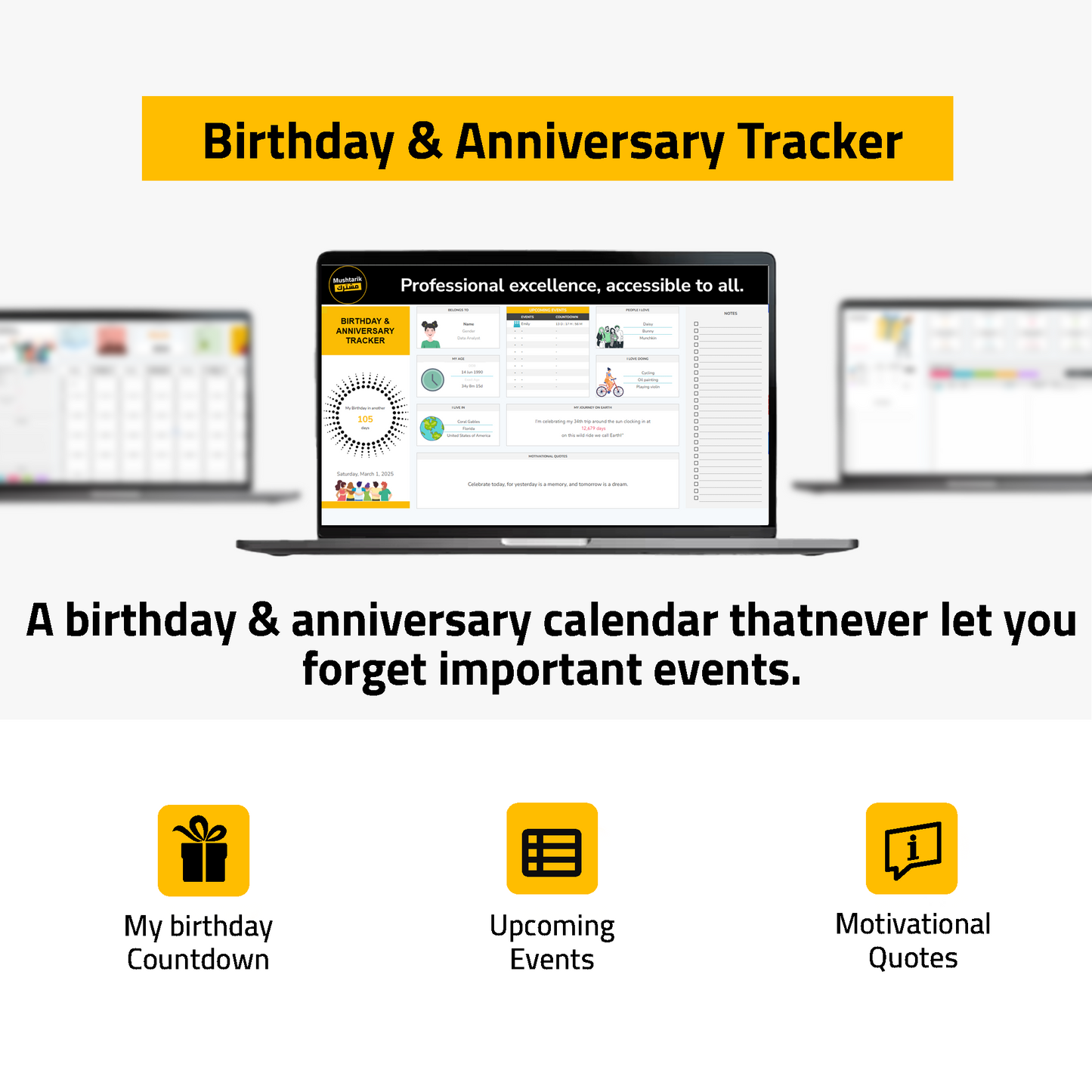 Template Premium de Calendrier Anniversaires et Événements | Suivi Automatique des Dates Spéciales | Idéal pour Familles et Organisateurs