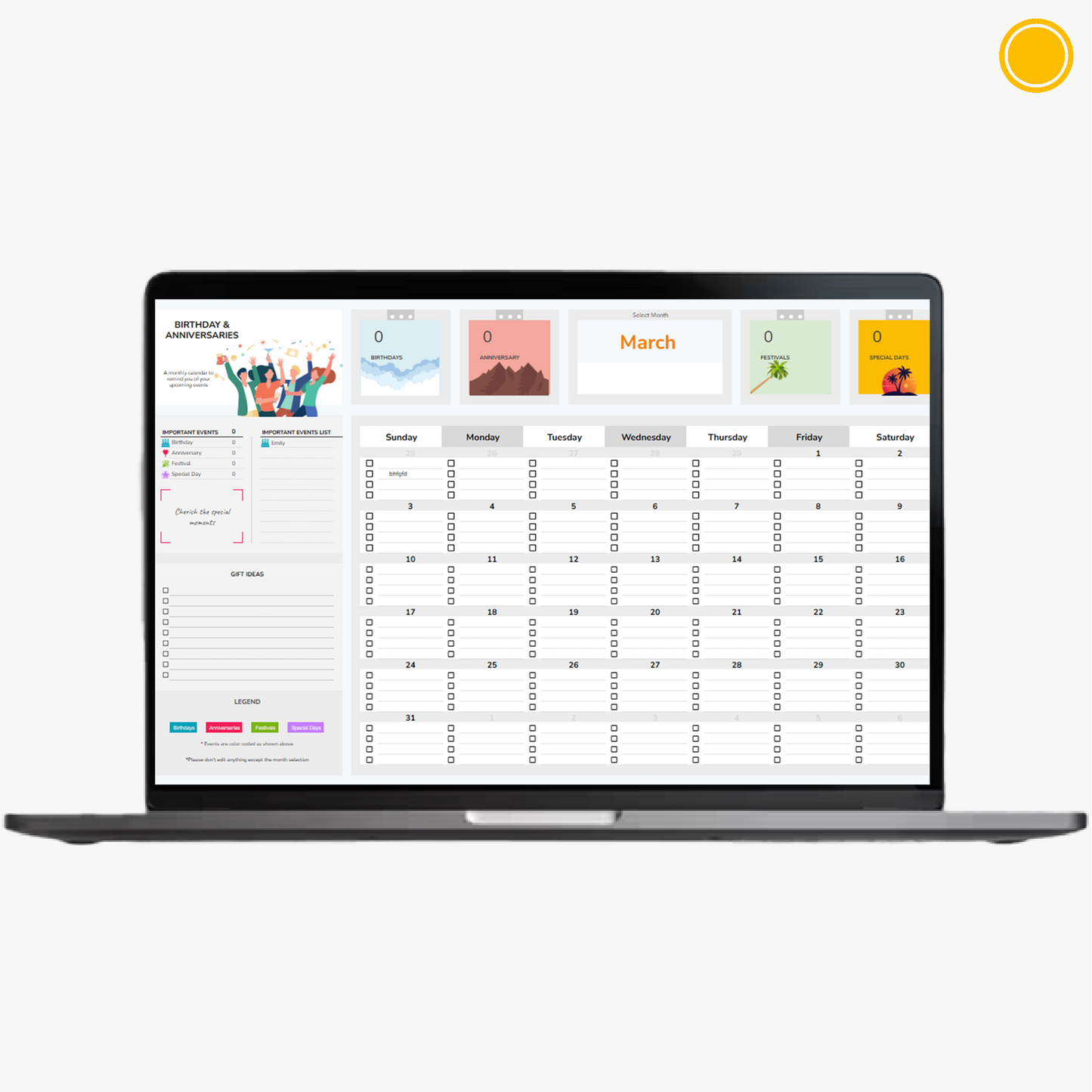 Template Premium de Calendrier Anniversaires et Événements | Suivi Automatique des Dates Spéciales | Idéal pour Familles et Organisateurs